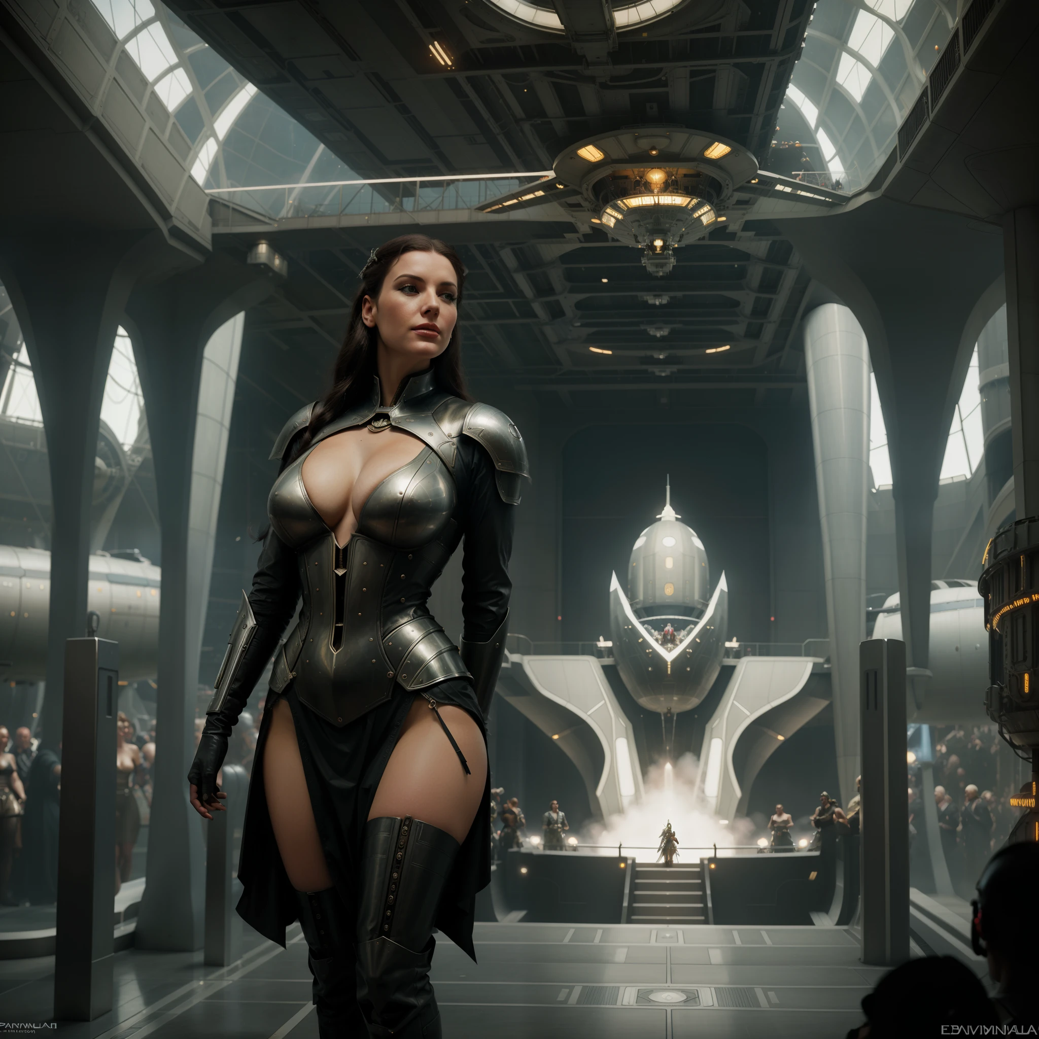 There's a woman in a futuristic dress in front of a bunch of people, large dieselpunk flying airships, drible, inspirado em Gil Elvgren, fantasia paladin mulher, inspirado por Mark Brooks, [ Bolhas, portrait of helen of troy, sci - fi : :, Armadura dourada
