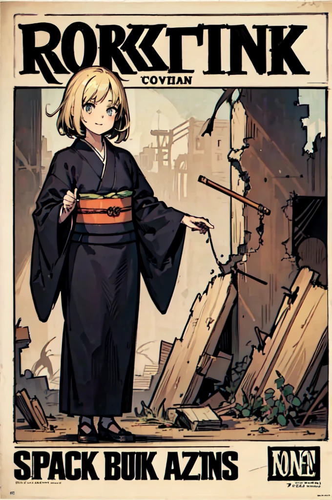 ((Blonde bob-haired girl in black kimono))、((ruins)), ((punk band poster)),cartoon style, Horror elements, Comic book style illustrations, (drawing style), full body (Spooky), Japanese carving, primitive art, circus, crazy illustration, flat illustration、small eyes