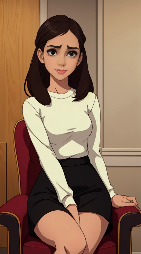 Foto hiperrealista en primer plano de Alison Brie wear rwhite jewel sweater and black mini cotton skirt, siting on the armchair, beautiful legs, sexy pose, hotel hall, beautiful woman, skinny, small breasts, straight brown hair, detailed face, smile, photo taken from a distance, age 20 tears old
