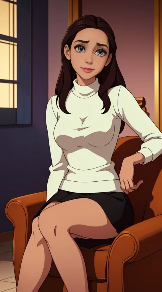 Foto hiperrealista en primer plano de Alison Brie wear rwhite jewel sweater and black mini cotton skirt, siting on the armchair, beautiful legs, sexy pose, hotel hall, beautiful woman, skinny, small breasts, straight brown hair, detailed face, smile, photo taken from a distance, age 20 tears old