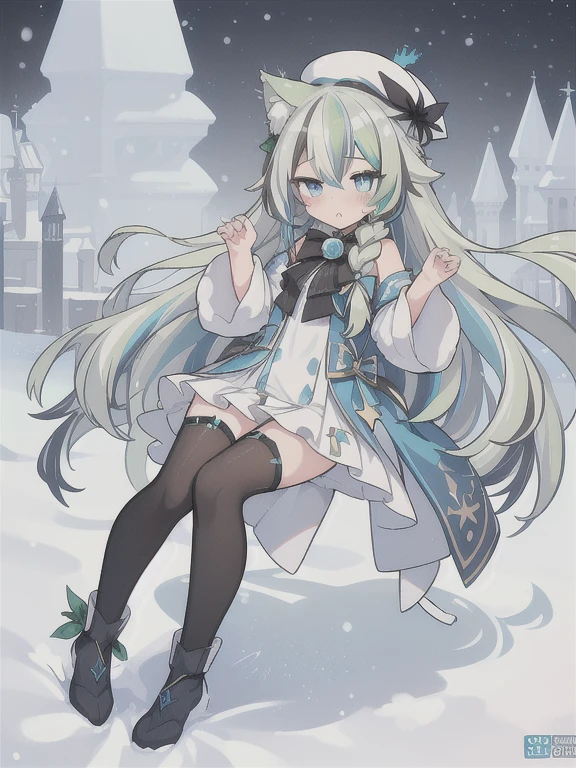 (single braid:1.2,)(slong hair1.1,)((silver and light green,((eyes streaked hair)))) highlights hair,beret (animal ears) (blue green eyes) ((fancy fantasy clothes))(light blue clothes)) Miniskirt, half black tights, attractive thighs masterpiece,full body (stars or snow accessories)(beautiful accessories)(one girl)