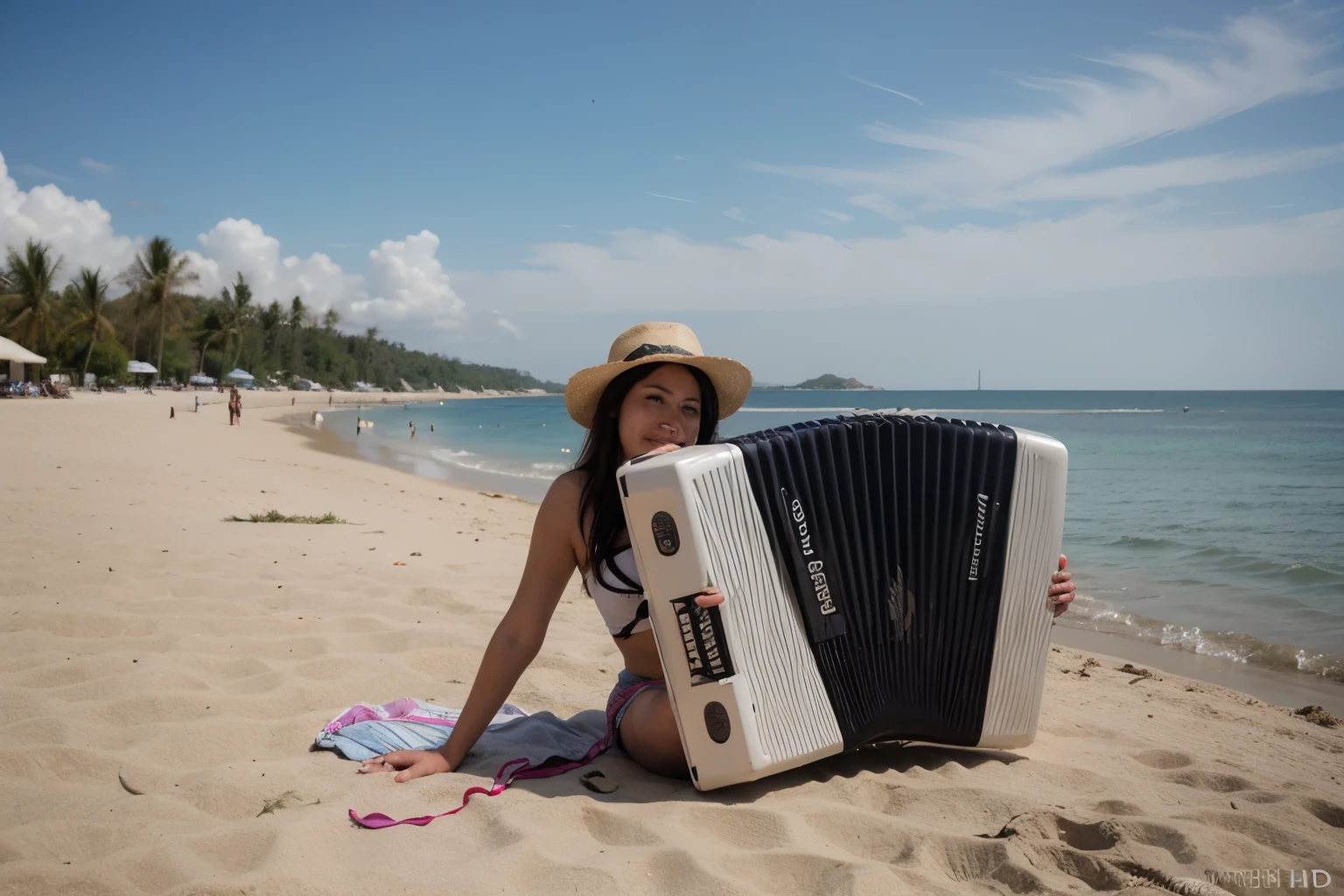 a photograph of a vallenato accordion, encima un sombreo volteado en la playa hd