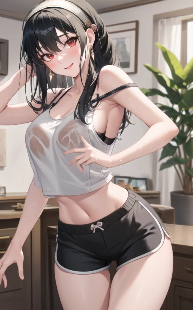 (masterpiece), (best quality), (beautiful eyes and face), (perfect female body), (shiny skin),
looking at viewer, cowboy shot,
1girl, solo, yor briar, black hair, long hair, red eyes,
medium breasts,
white hairband, gold earrings, jewelry, (black tanktop), (cleavege)
smile,
sitting on couch,
living room, facing viewer, large waist, thick thighs, thigh gap, dolfine shorts, short shorts, booty shorts, (36year old woman), bra under tanktop,long tanktop, tanktop tucked into shorts, facing viewer, top down, tanktop strap falling off shoulder, one bare shoulder, leaning over, bend over, leaning over viewer, Transparent tanktop, seethough tanktop, wet tanktop, black bra under tanktop, dripping wet, hand on head showing armpit