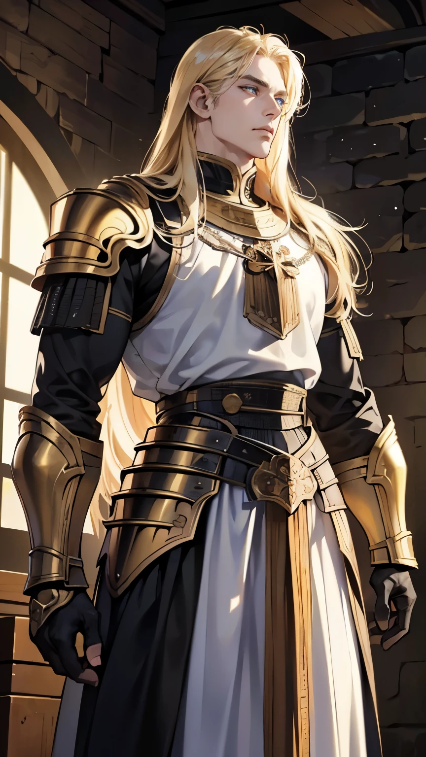 Young man, Eyes looking to camera, Perfect male body, epic character, (handsome, Tall and strong, muscular,long blond hair,Frown, black and gold heavy armor,stand in medieval town),dramatic shadow, Ray Tracing,(masterpiece, high resolution, perfect blue eyes, fullshot angle, ultra - detailed:1.0)