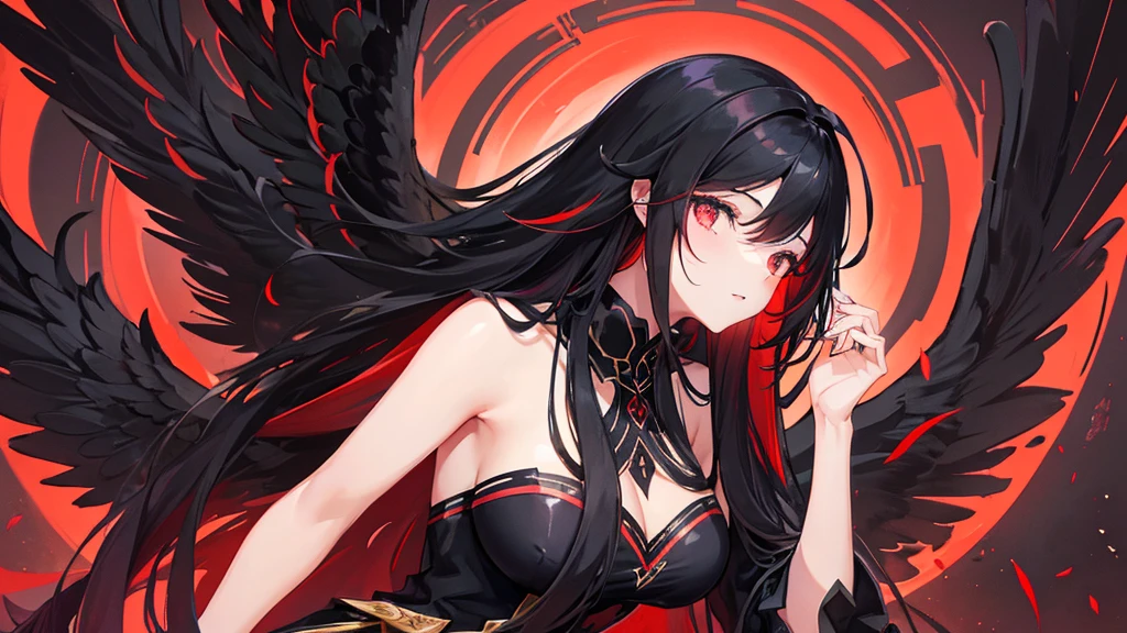 beutiful girl, black long hair, black royal clothes, big black wings, black phoenix, 8k resolution, night red sky