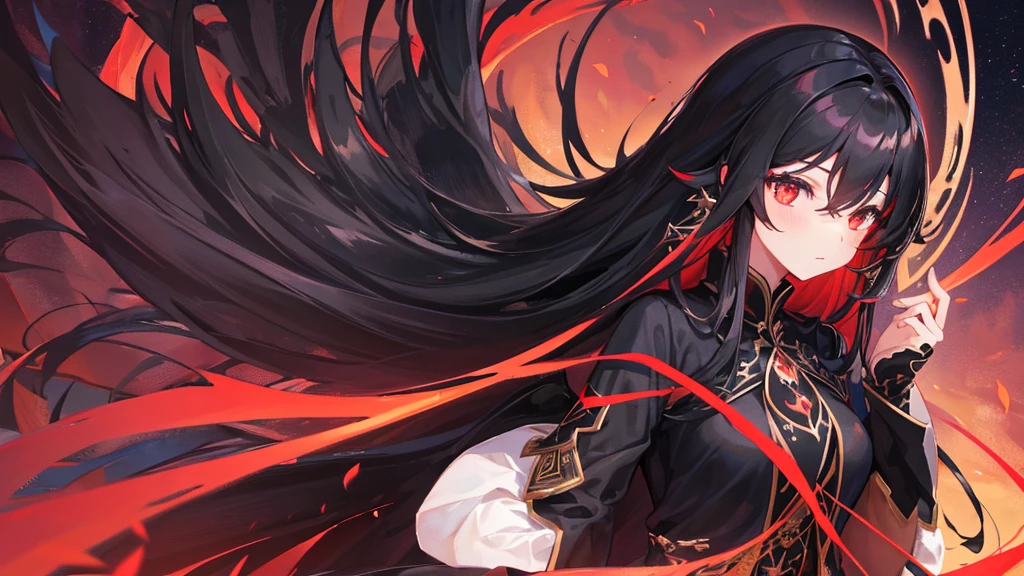 beutiful girl, black long hair, black royal clothes, big black wings, black phoenix, 8k resolution, night red sky