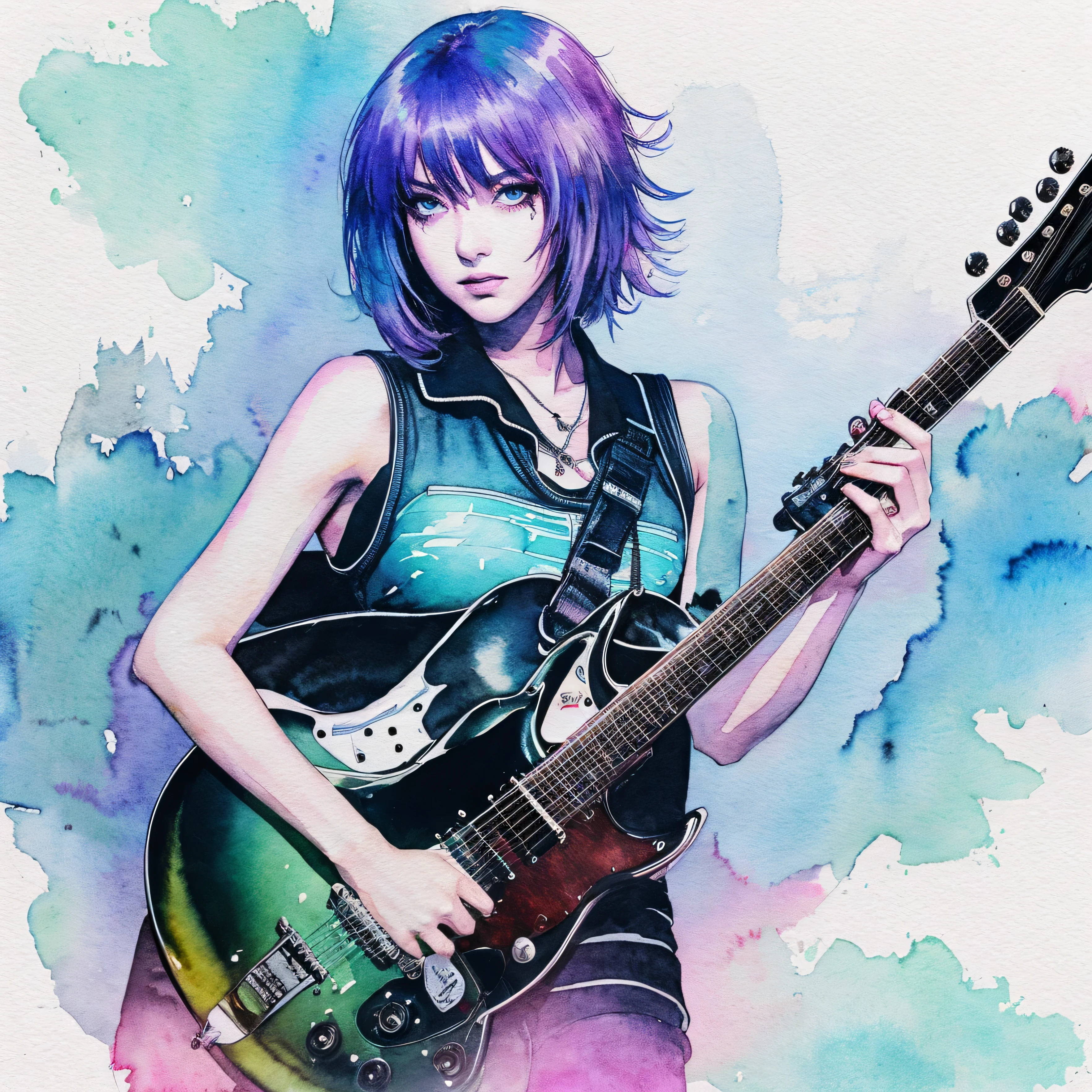 guitar,cyber punk,Very watercolor,woman