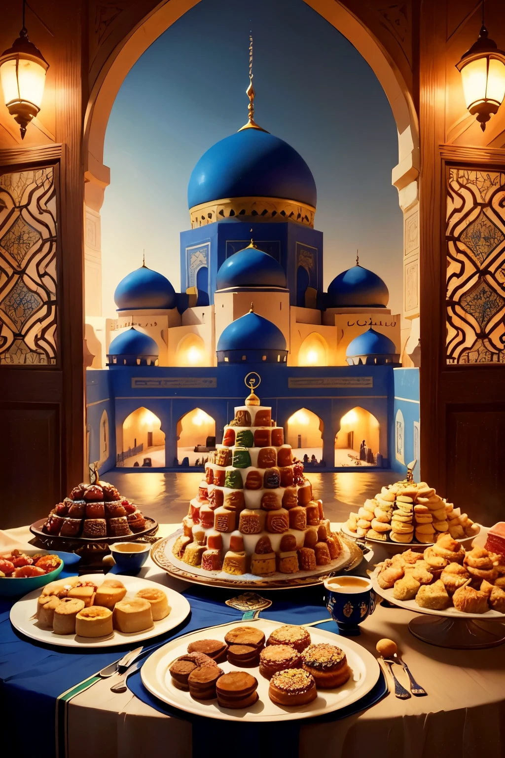 A vibrant visual celebrating the joyous Muslim holiday of Eid after the holy month of Ramadan, capturing the essence of Algerian traditions. Displayed on a pristine blue-themed canvas, an exquisite plate adorned with an assortment of traditional Algerian pastries takes center stage, tempting the viewer with its intricate designs and mouthwatering allure. The delicate pastries showcase a perfect fusion of flavors, textures, and colors, a testament to the rich culinary heritage of Algeria. Surrounding the delectable treats, a majestic mosque stands tall, its elegant architecture embodying the spiritual significance of the occasion. The digital marketing company's pages are graced by this visually captivating composition, inviting viewers to celebrate and indulge in the cultural delights of Eid, all within the soothing embrace