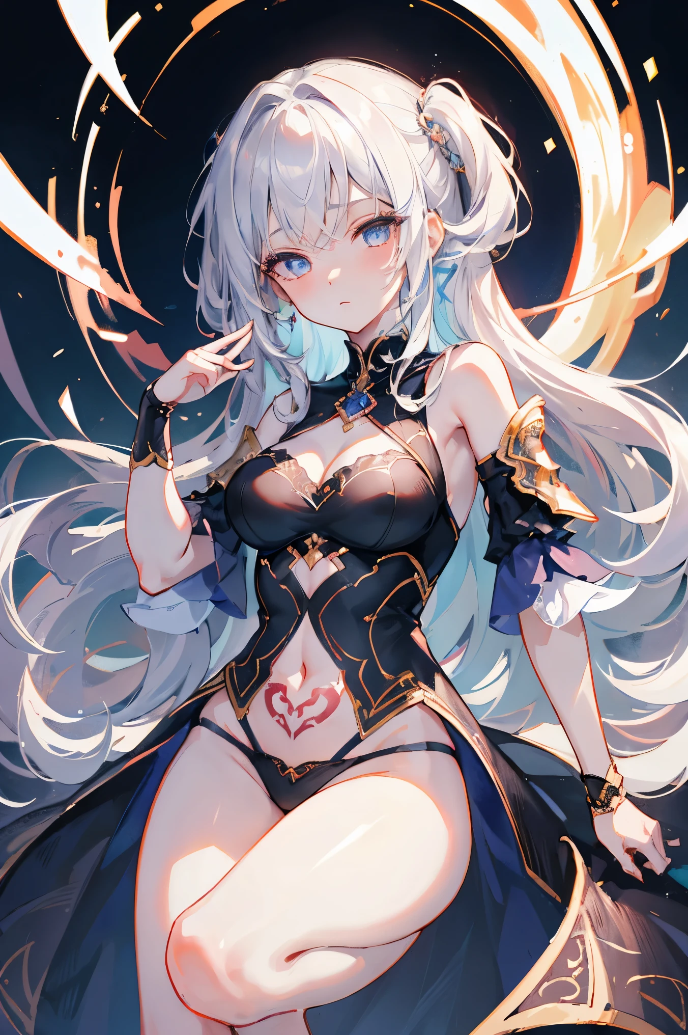 1girl, anime, cute girl, blank background, white background, fantasy, detailed fantasy dress with highlights, beautiful face, beautiful eyes, dark colors, black hair with multicolor streaks, red eye with different color pupil in eye, multicolor eye, medium small breasts (slightly big), slight cleavage, beautiful skin, cute, breast curtains, extremely delicate and beautiful, (beautiful detailed face:1.0), (detailed deep eyes), symmetrical breasts, deep eyes, shiny skin, portrait, slender waist, hips wider than shoulders, thighs, expressionless, young girl, luminous eyes, adorable,(Kpop idol),(aegyo sal:1),(Platinum blonde hair:1),((puffy eye)),Black panty,sexy posture,Superskirt, ultra high resolution,Black collar,slim figure, Abdominal y tattoo, womb tattoo,Tight-fitting leg ring,y tattoo on half-body,Bare skin, Armored hand,Hidden fingertips,Hand covered,Arm covered,Fist covered,{{beautiful detailed fingers}}, tufts of hair, moderate beautiful breast:1.0,(masterpiece:1.2), best quality, high-res, HDR, perfect face, intricate armor, delicate blue filigree, intricate filigree, red metalic parts, detailed part, dynamic pose, dynamic lights, cute face
