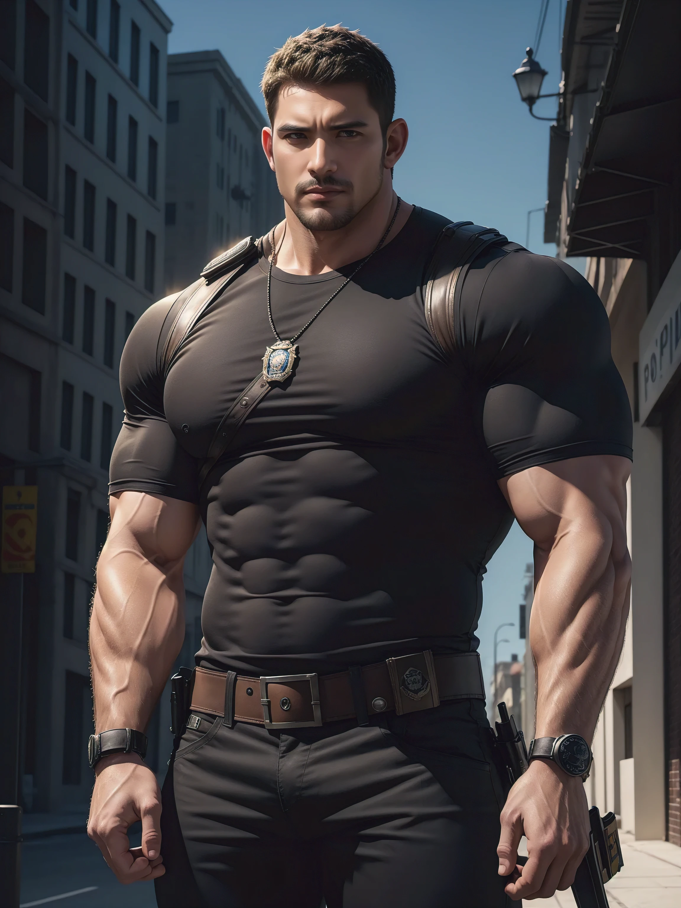 One Tall giant muscular police officer, Chinese police hat, Big black mask, On the outdoor street, Brown skinny T-shirt, The expression is arrogant, Lift your chin, disheveled hair, thick thighs, Brown skinny T-shirt, Very tight, Regular symmetrical pattern, Accentuate muscles, Police uniform pants, character concept(Resident Evil - chris redfield, chris redfield)proud expression, Deep and charming eyes, heroic male pose, tall burly, muscular!muscular thighs, tough guy, perfect facial features, High, burly, Heqiang, Super gain and cool, high resolution committee, Charming strong man, The sun is blazing, Dazzling