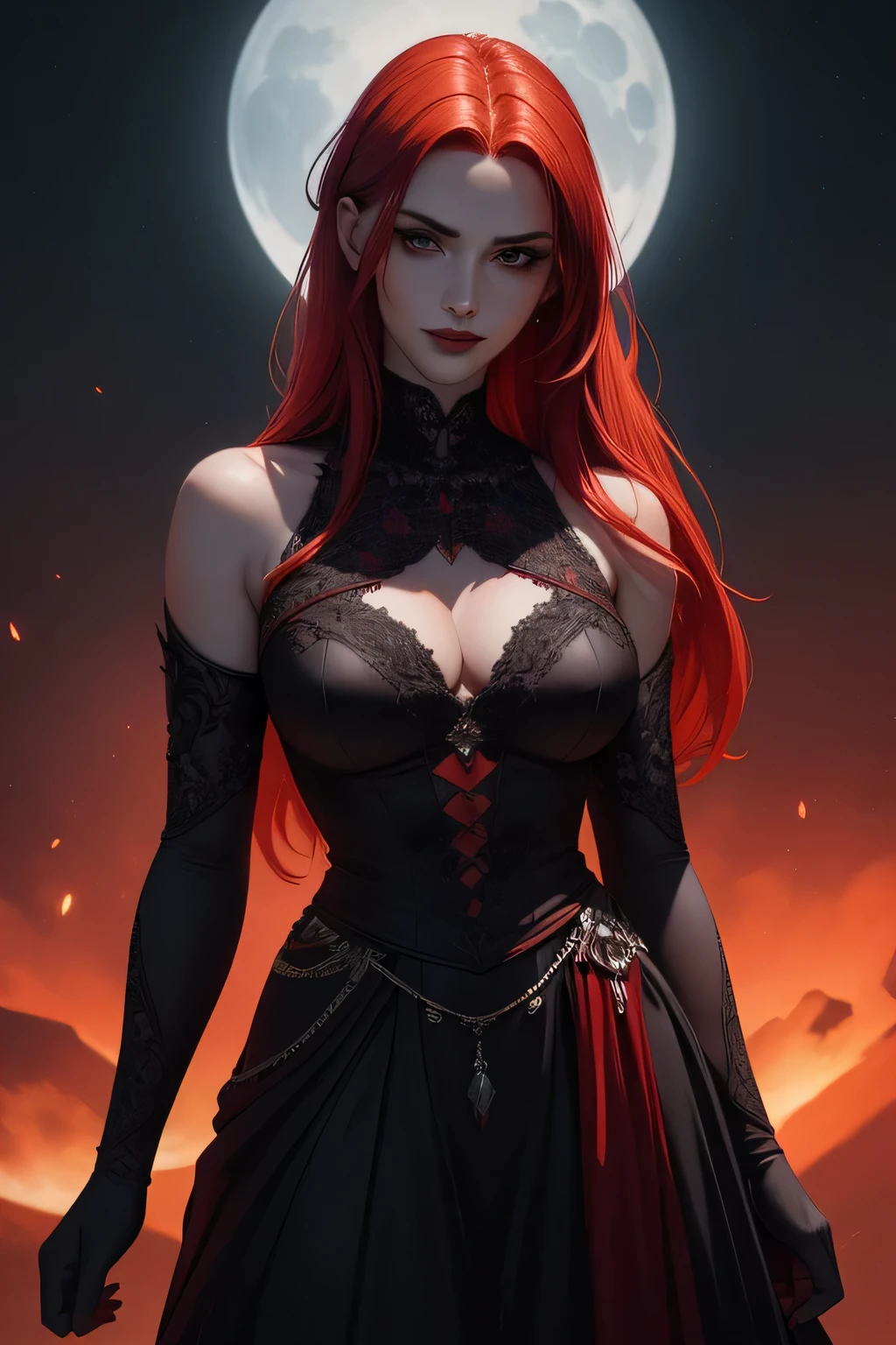 portrait shot, ((vivid red hair)), mature woman, 30 years old, diamond face, moonlight, red starry sky background, depth of field, magic, big red lips, ((dark black eyes)) black and red long and full dress, covered chest, mystical atmosphere, ominous shadows, Intense blue aura, Intense red aura (best quality:1.2), absurdres, intricate details, (highly detailed skin:1.2), smile expression, posing, taut and well defined body, attractive. Highly realistic, pale skin, beautiful, hyperrealism, skin very elaborated, direct gaze