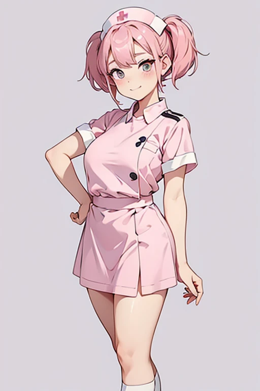 1womanl, Nurse, Nurse Cap, Whiteware, ((White legwear, zettai ryouiki)), White Gloves, Short hairstyle with silver hair and bob, Hair tied in a bun with a hair clip, Pink eyes, Smile, sharp outline, Short sleeves,  Best Quality, masutepiece, Infirmary