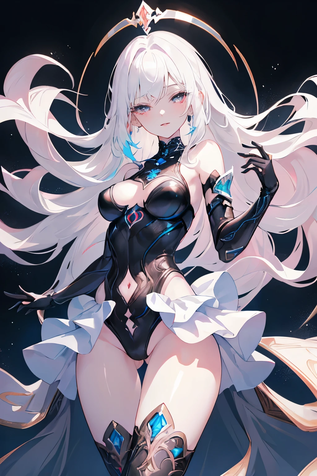 1girl, anime, cute girl, blank background, white background, fantasy, detailed fantasy dress with highlights, beautiful face, beautiful eyes, dark colors, black hair with multicolor streaks, red eye with different color pupil in eye, multicolor eye, medium small breasts (slightly big), slight cleavage, beautiful skin, cute, breast curtains, extremely delicate and beautiful, (beautiful detailed face:1.0), (detailed deep eyes), symmetrical breasts, deep eyes, shiny skin, portrait, slender waist, hips wider than shoulders, thighs, expressionless, young girl, luminous eyes, adorable,(Kpop idol),(aegyo sal:1),(Platinum blonde hair:1),((puffy eye)),Black panty,sexy posture,Superskirt, ultra high resolution,Black collar,slim figure, Abdominal y tattoo, womb tattoo,Tight-fitting leg ring,y tattoo on half-body,Bare skin, Armored hand,Hidden fingertips,Hand covered,Arm covered,Fist covered,{{beautiful detailed fingers}}, tufts of hair, moderate beautiful breast:1.0,(masterpiece:1.2), best quality, high-res, HDR, perfect face, intricate armor, delicate blue filigree, intricate filigree, red metalic parts, detailed part, dynamic pose, dynamic lights,