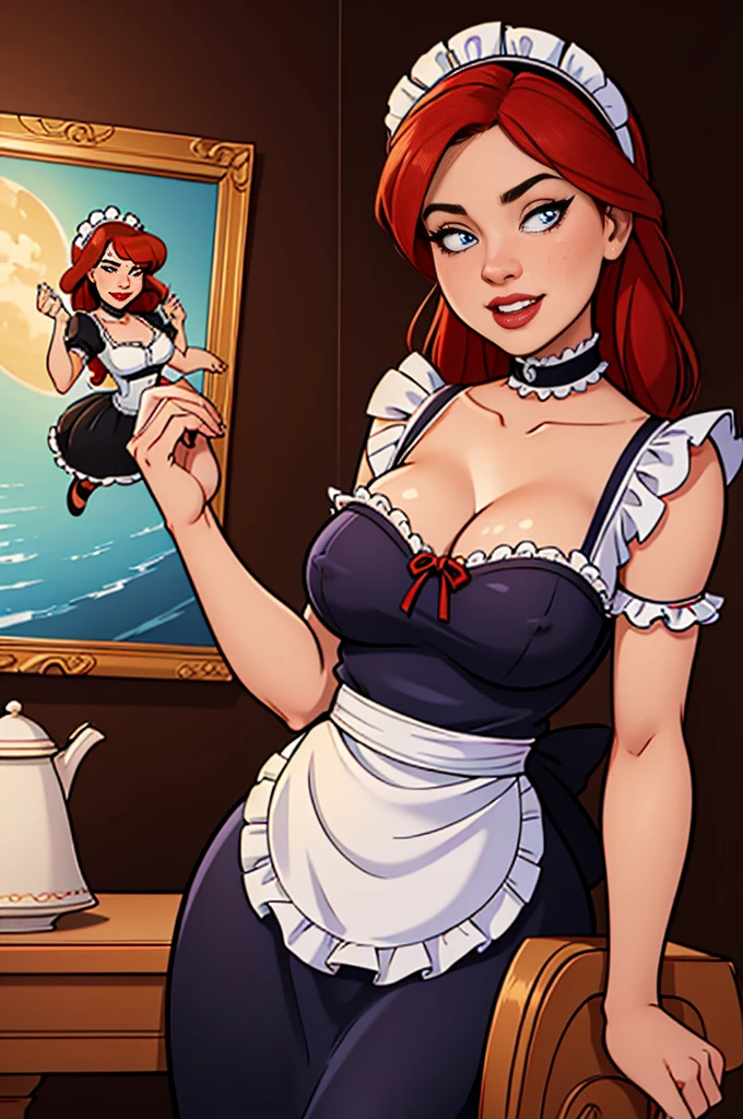 Jessica Rabbit as a vintage maid posing in front of a fat young man, bedroom, palace