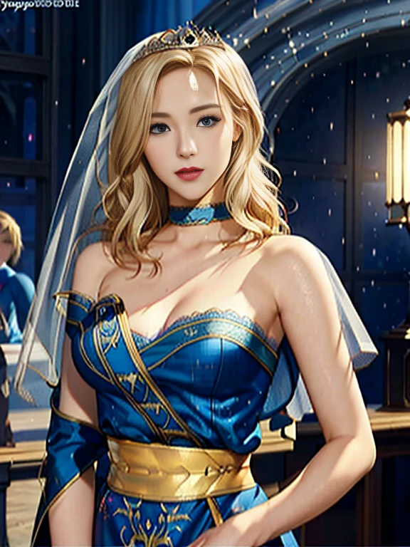 Blonde woman in a blue dress with a veil on her head, Beautiful fantasy girl, detailed fantasy art, beautiful fantasy art, blonde hair princess, art station artgerm on pixiv, beautiful maiden, ((beautiful fantasy empress)), 2. 5d cgi anime fantasy artwork, fantasy art style, detailed digital anime art, fantasy style art