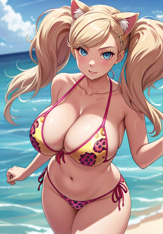 dspanther, blonde hair, long hair, twintails, swept bangs, blue eyes, pink leopard pattern bikini, micro bikini, sling bikini, cleavage, cat ears, cat tail, 1girl, solo, looking at viewer, standing, takamaki anne, natural breasts, huge breasts, huge ass, huge thighs, narrow waist, wide hips, thick thighs, curvy, beach, B depth of field, cinematic, masterpiece, best quality,