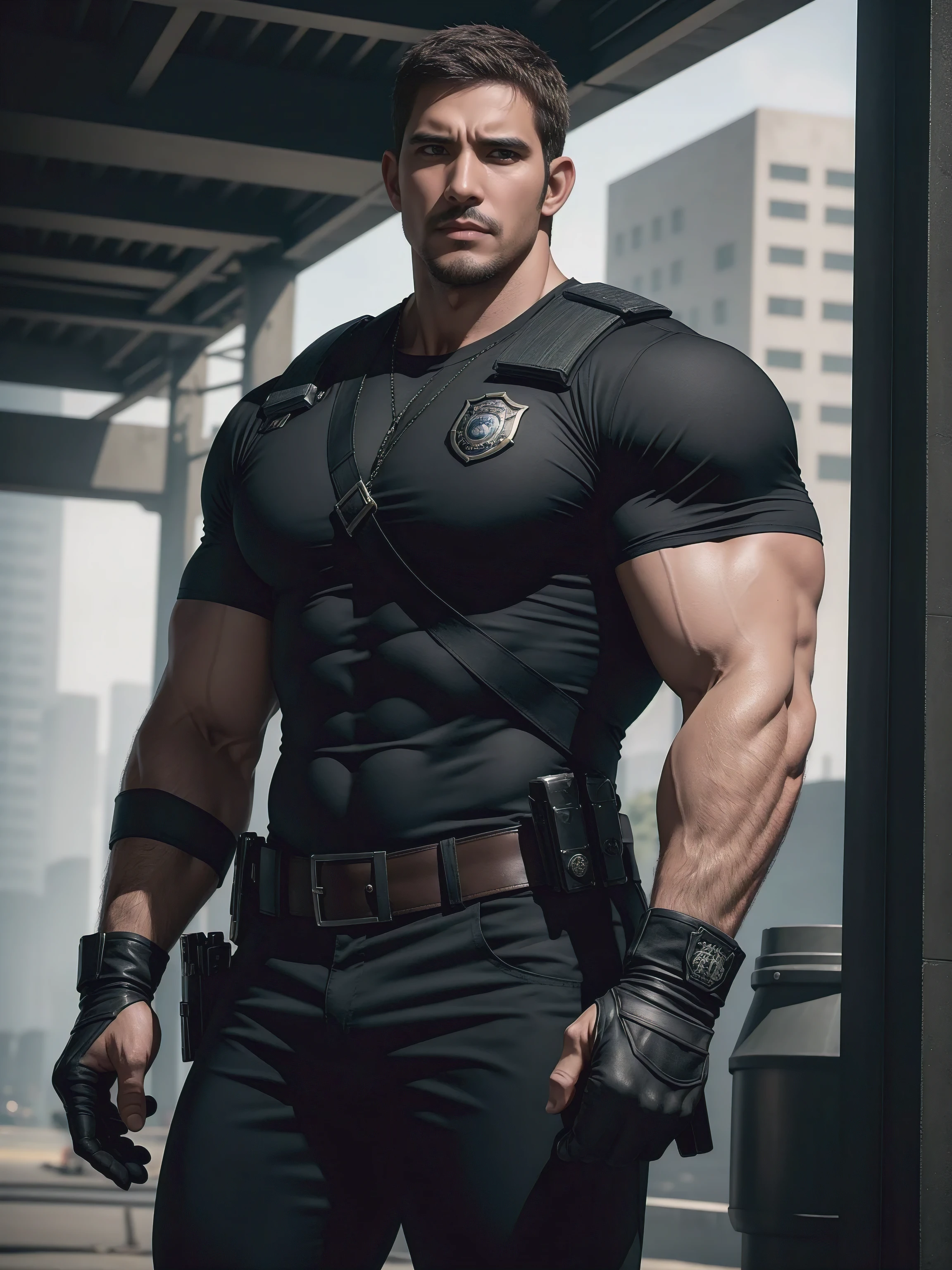 One Tall giant muscular police officer, Chinese police hat, Big black mask, Stocking-like gloves, On the outdoor street, Brown skinny T-shirt, The expression is arrogant, Lift your chin, disheveled hair, thick thighs, Brown skinny T-shirt, Very tight, Regular symmetrical pattern, Accentuate muscles, Police uniform pants, character concept(Resident Evil - chris redfield, chris redfield)proud expression, Deep and charming eyes, heroic male pose, tall burly, muscular!muscular thighs, tough guy, perfect facial features, High, burly, Heqiang, Super gain and cool, high resolution committee, Charming strong man, The sun is blazing, Dazzling