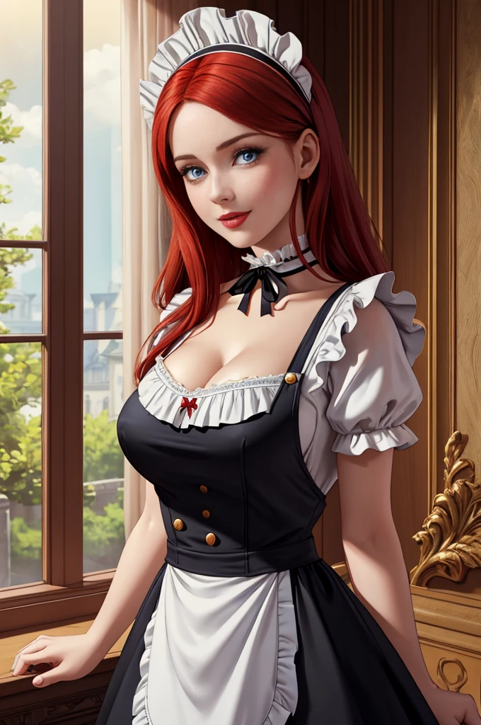 A pretty maid. best quality, masterpiece, red hair, sky blue eyes, wearing a steriotypical French maid outfit, (headdress、white blouse、black ribbon、White Apron、ruffle skirt、puff sleeves、collar、choker、apron with fine ruffles:1.3)、black maid costume). looking up, upper body,hair strand,Fair skin, Large chest,. Adorable, mature Woman,detailed big-eyed woman, round face. promenent red lips. Smileing,In the mansion library, large ass, Picture from the side,looking at the scenes, intense colors, Very valuable details, complex details, volumetric lighting, digital art, 8k, trending on Artstation, Clear focus, complex details, highly detail, Greg Rutkowski Big Eyes, high-resolution, red hair. Ellie Bamber., attractive chest, .Photorealistic. Confidence, self esteem, assertiveness, dominance. wide Amused smile. Sultry expression. , Cleavage. Perky bosum.