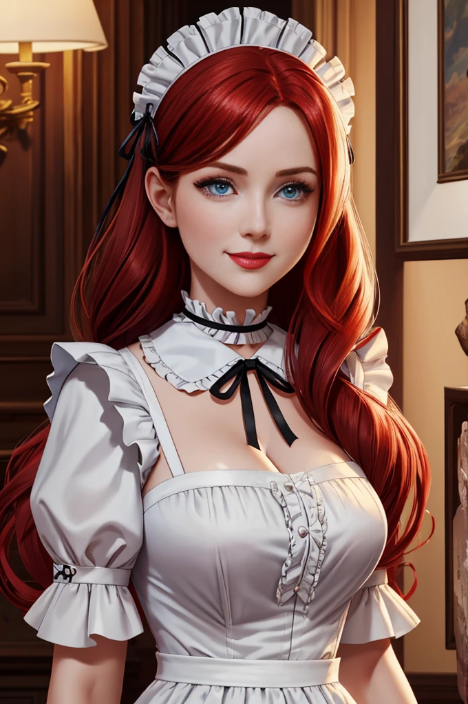 A pretty maid. best quality, masterpiece, red hair, sky blue eyes, wearing a steriotypical French maid outfit, (headdress、white blouse、black ribbon、White Apron、ruffle skirt、puff sleeves、collar、choker、apron with fine ruffles:1.3)、black maid costume). looking up, upper body,hair strand,Fair skin, Large chest,. Adorable, mature Woman,detailed big-eyed woman, round face. promenent red lips. Smileing,In the mansion library, large ass, Picture from the side,looking at the scenes, intense colors, Very valuable details, complex details, volumetric lighting, digital art, 8k, trending on Artstation, Clear focus, complex details, highly detail, Greg Rutkowski Big Eyes, high-resolution, red hair. Ellie Bamber., attractive chest, .Photorealistic. Confidence, self esteem, assertiveness, dominance. wide Amused smile. Sultry expression. , Cleavage. Perky bosum.