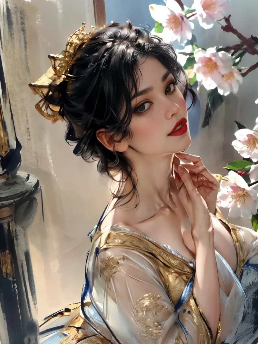 A mature and sophisticated woman, who enjoys cherry blossoms in a landscape scroll painting. She has beautiful detailed eyes and lips, with a captivating gaze that looks down on the viewer. She possesses perfect hands and fingers. The woman is (best quality, 4k, 8k, highres, masterpiece:1.2) and (elaborate:1.1). She has (beautiful detailed eyes:1.1) and (detailed lips:1.1), an extremely detailed face, a well-defined nose, and full lips. She has short hair and a detailed background. The perspective of the image is from a low angle, emphasizing her perfection.