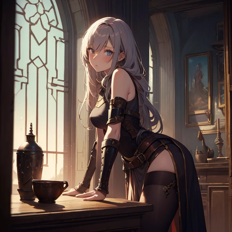 A female medieval fantasy adventurer, (in tavern), night, details face, seducing, sleeveless, armor, table sex