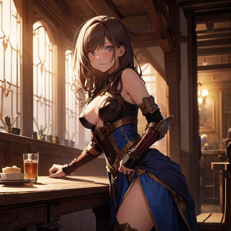 A female medieval fantasy adventurer, (in tavern), night, details face, seducing, sleeveless, armor, table sex