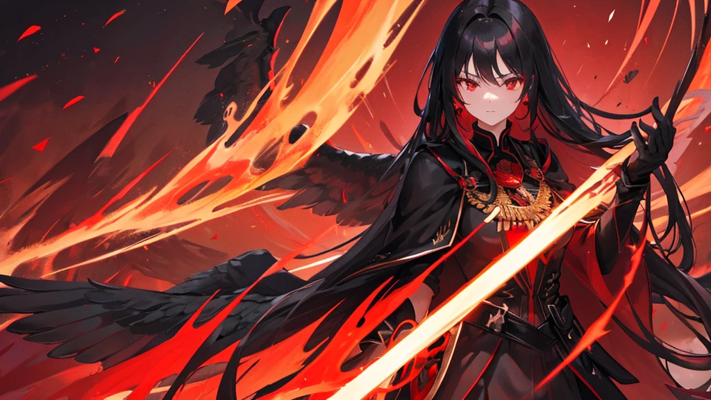 beutiful girl, black long hair, red eyes, black and red royal clothes, big black wings, black phoenix, 8k resolution, night red sky