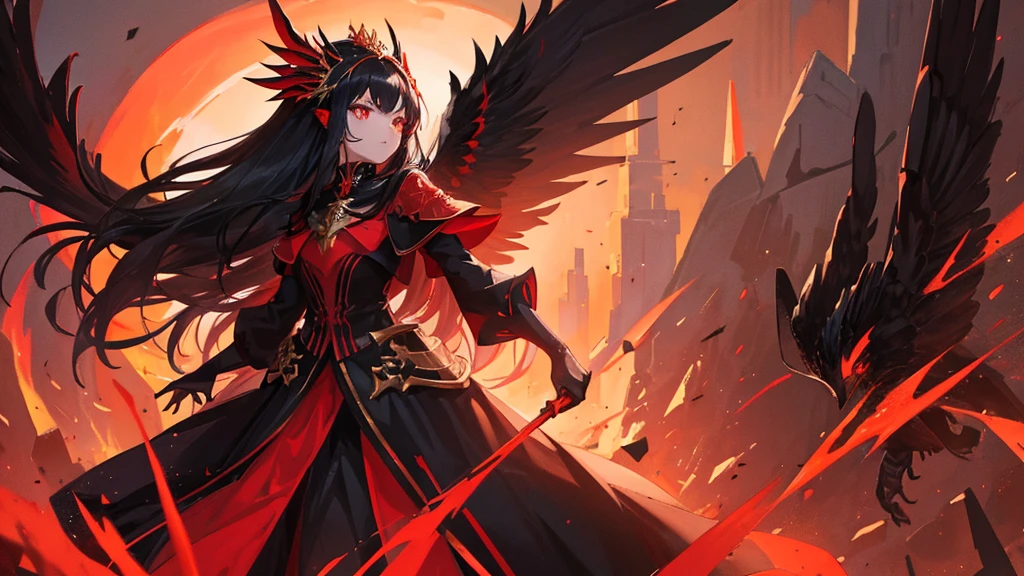 beutiful girl, black long hair, red eyes, black and red royal clothes, big black wings, black phoenix, 8k resolution, night red sky
