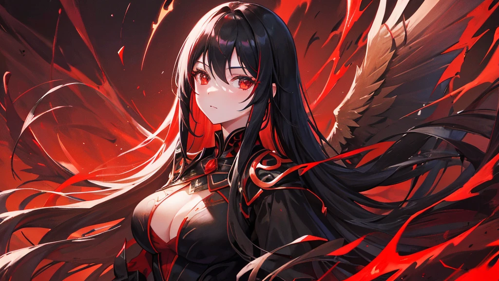 beutiful girl, black long hair, red eyes, black and red royal clothes, big black wings, black phoenix, 8k resolution, night red sky