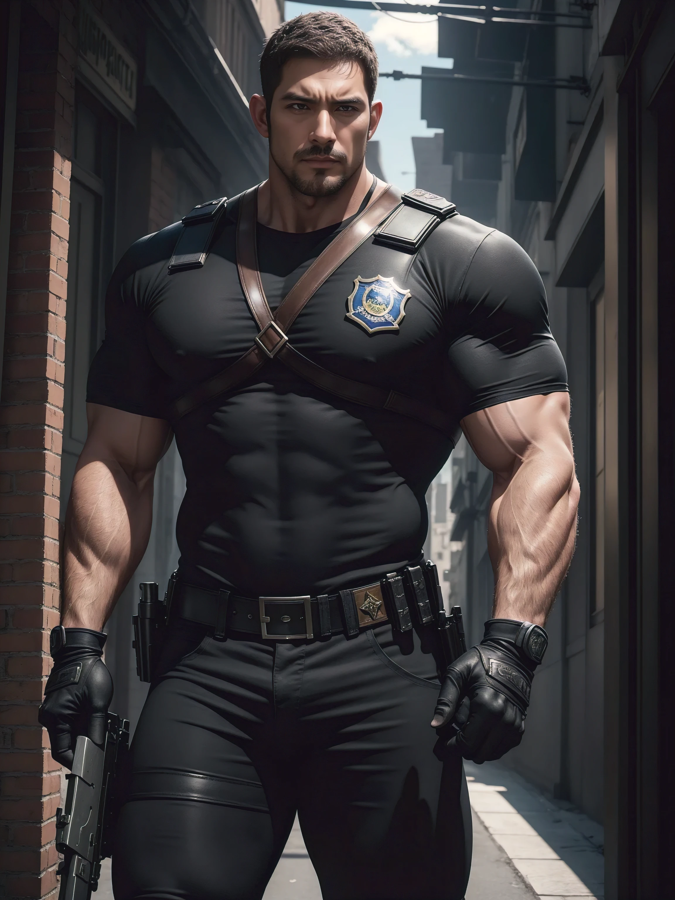 One Tall giant muscular police officer, Chinese police hat, Big black mask, Stocking-like gloves, On the outdoor street, Brown skinny T-shirt, The expression is arrogant, Lift your chin, disheveled hair, thick thighs, Brown skinny T-shirt, Very tight, Regular symmetrical pattern, Accentuate muscles, Police uniform pants, character concept(Resident Evil - chris redfield, chris redfield)proud expression, Deep and charming eyes, heroic male pose, tall burly, muscular!muscular thighs, tough guy, perfect facial features, High, burly, Heqiang, Super gain and cool, high resolution committee, Charming strong man, The sun is blazing, Dazzling