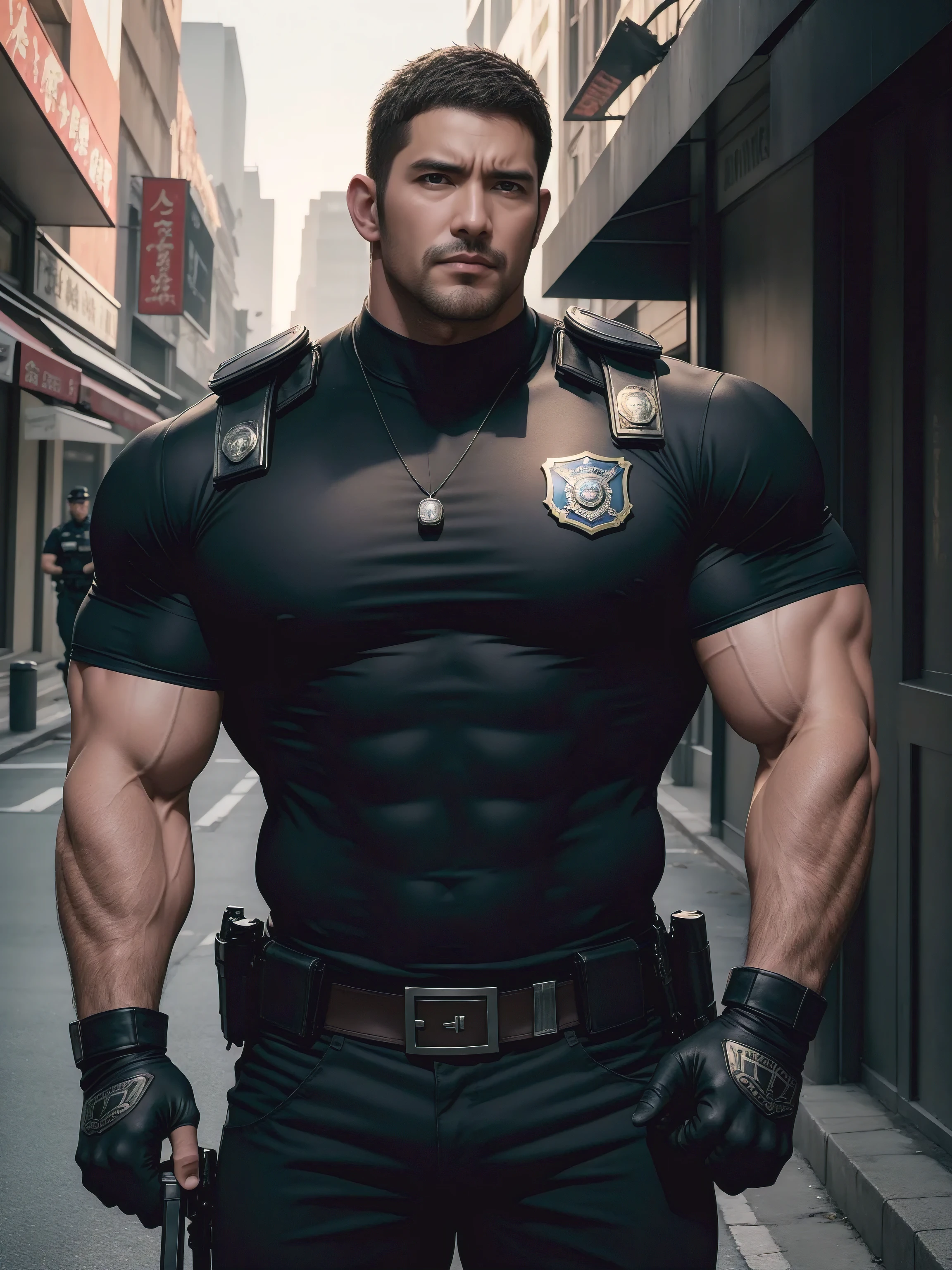 One Tall giant muscular police officer, Chinese police hat, Big black mask, Stocking-like gloves, On the outdoor street, Brown skinny T-shirt, The expression is arrogant, Lift your chin, disheveled hair, thick thighs, Brown skinny T-shirt, Very tight, Regular symmetrical pattern, Accentuate muscles, Police uniform pants, character concept(Resident Evil - chris redfield, chris redfield)proud expression, Deep and charming eyes, heroic male pose, tall burly, muscular!muscular thighs, tough guy, perfect facial features, High, burly, Heqiang, Super gain and cool, high resolution committee, Charming strong man, The sun is blazing, Dazzling