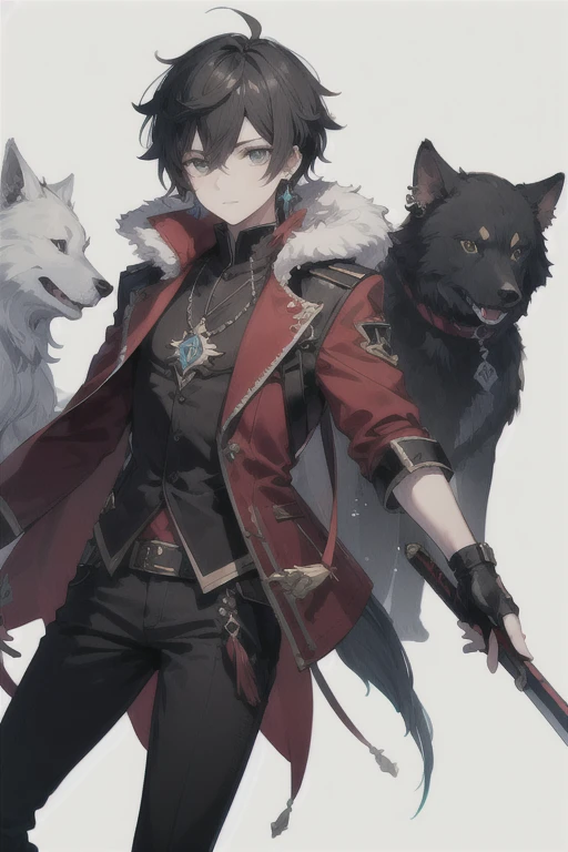 ((best quality)), ((masterpiece)), (detailed), perfect face 1boy in a red coat and black pants with a sword, genshin impact character, noble character design, , anime character design, character adoptable, keqing from genshin impact, shadowverse design, male , black hair with white highlights, male punk theme,fur-trimmed jacket,wolf theme messy hair, mullet hair, with earring and pieces, aqua green amulet