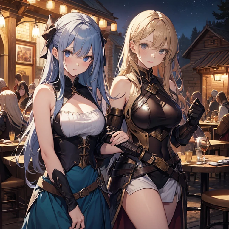 A group of female medieval fantasy adventurers, (in tavern), various hair styles, harem, night, details face, seducing, sleeveless, armor, armpits,