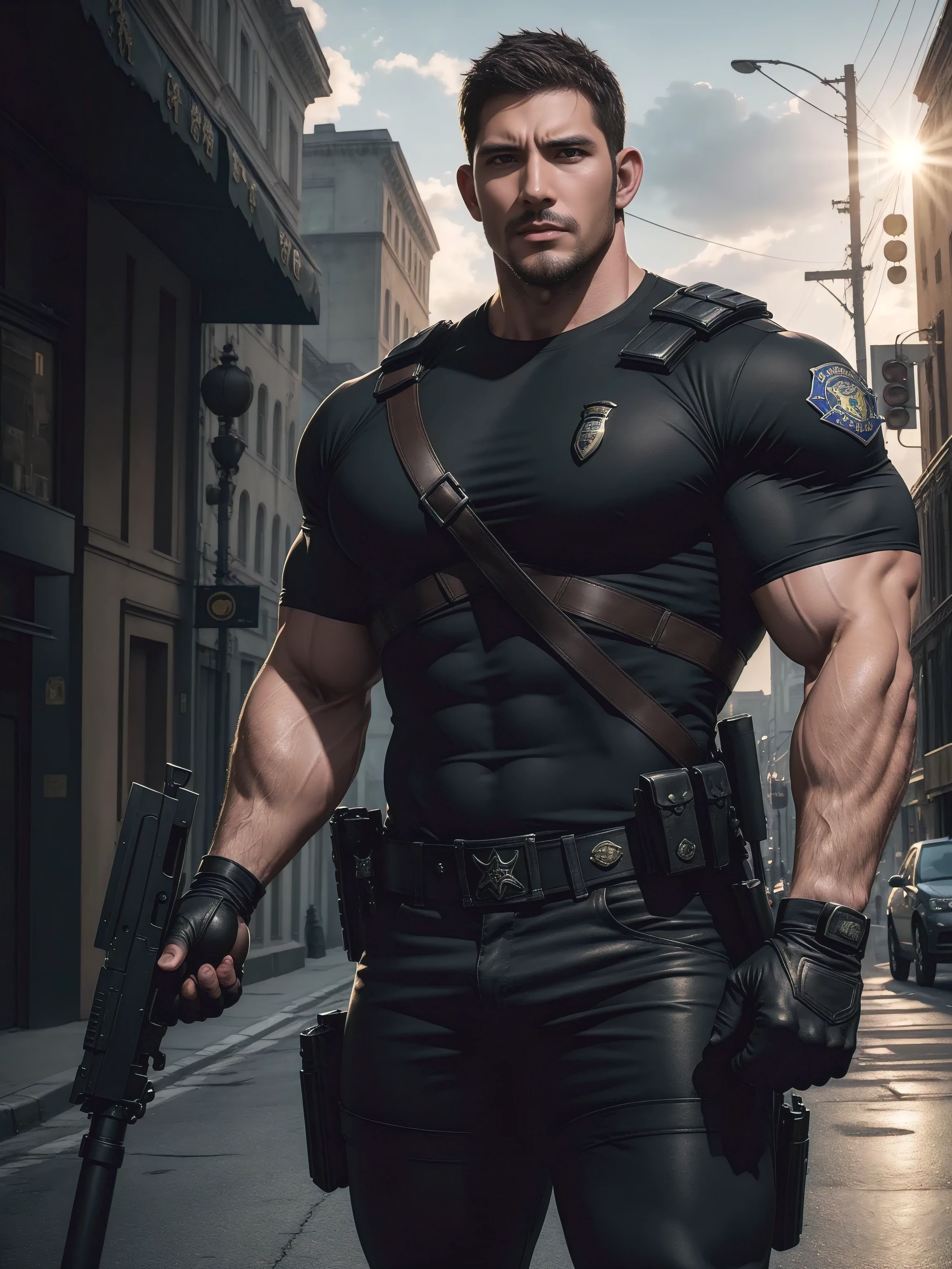 One Tall giant muscular police officer, Chinese police hat, Big black mask, Stocking-like gloves, On the outdoor street, Brown skinny T-shirt, The expression is arrogant, Lift your chin, disheveled hair, thick thighs, Brown skinny T-shirt, Very tight, Regular symmetrical pattern, Accentuate muscles, Police uniform pants, character concept（Resident Evil - chris redfield, chris redfield）proud expression, Deep and charming eyes, heroic male pose, tall burly, muscular！muscular thighs, tough guy, perfect facial features, High, burly, Heqiang, Super gain and cool, high resolution committee, Charming strong man, The sun is blazing, Dazzling