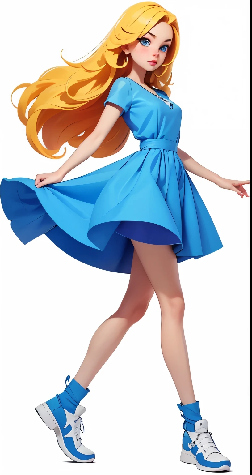 一名身穿blue dress和运动鞋的女子行走, delicate face，blue eyes，Look to the right，The facial features are clear，Waving hands，blue dress，Denim shorts，Produced by Anime Painter Studio, Artgerm and Atey Ghailan,  wearing clothes, Cute anime waifu wearing beautiful clothes, Alice in Alice&#39;s Adventures in Wonderland, Digital art on pixiv, Drawing in animation artist studio, Smooth anime CG art, April rendering