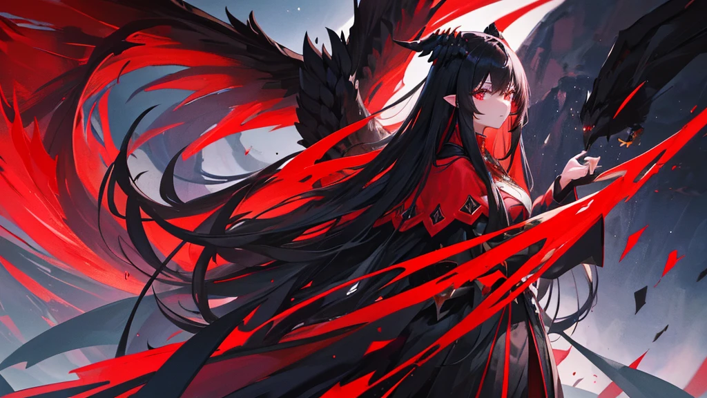 beutiful girl, black long hair, red eyes, black and red royal clothes, wings, black phoenix, 8k resolution, night sky