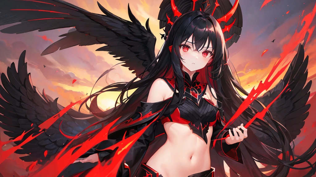 (best quality,4k,8k,highres,masterpiece:1.2),ultra-detailed,(realistic,photorealistic,photo-realistic:1.37), HDR, UHD, (vivid colors,portraits:1.1), demon queen, (sharp focus,horror) black dress, glowing red eyes, (ultra-fine painting:0.9) wings, (extreme detail description:1.1), dark, (landscape:0.9), (anime:1.1), black background, (concept artists:0.9)