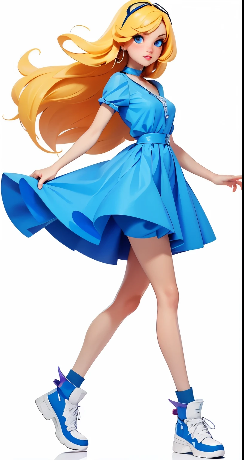 一名身穿blue dress和运动鞋的女子行走, delicate face，blue eyes，Look to the right，The facial features are clear，Waving hands，blue dress，Denim shorts，Produced by Anime Painter Studio, Artgerm and Atey Ghailan,  wearing clothes, Cute anime waifu wearing beautiful clothes, Alice in Alice&#39;s Adventures in Wonderland, Digital art on pixiv, Drawing in animation artist studio, Smooth anime CG art, April rendering