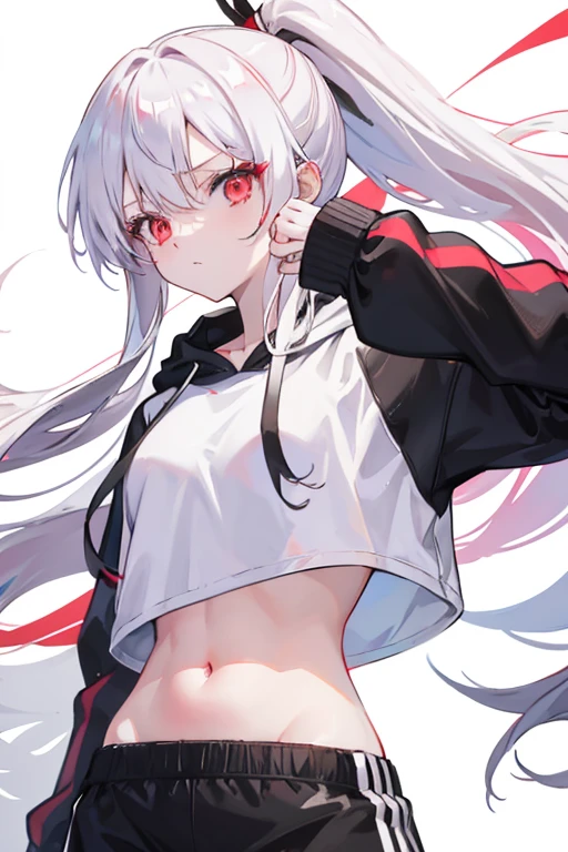 anime girl, long white hair, ponytail, red eyes, white crop top hoodie, black training shorts 