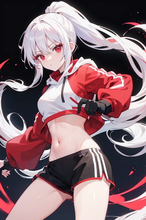 anime girl, long white hair, ponytail, red eyes, white crop top hoodie, black training shorts 