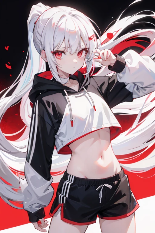 anime girl, long white hair, ponytail, red eyes, white crop top hoodie, black training shorts 