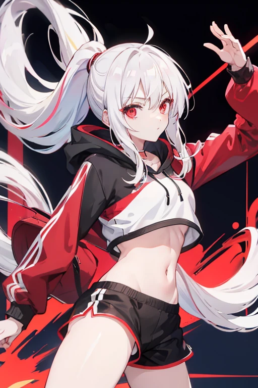 anime girl, long white hair, ponytail, red eyes, white crop top hoodie, black training shorts 