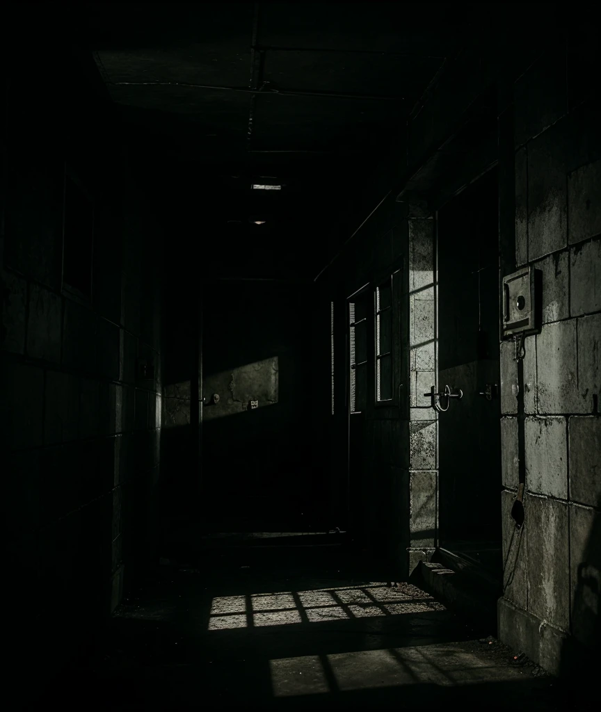 Dark and gloomy prison with blood and creepy shadows 