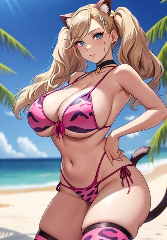 dspanther, blonde hair, long hair, twintails, swept bangs, blue eyes, pink leopard pattern bikini, micro bikini, sling bikini, cleavage, cat ears, cat tail, 1girl, solo, looking at viewer, standing, takamaki anne, natural breasts, huge breasts, huge ass, huge thighs, narrow waist, wide hips, thick thighs, curvy, beach, B depth of field, cinematic, masterpiece, best quality,