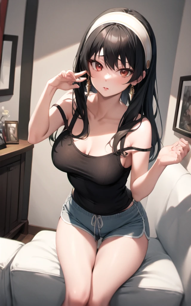 (masterpiece), (best quality), (beautiful eyes and face), (perfect female body), (shiny skin),
looking at viewer, cowboy shot,
1girl, solo, yor briar, black hair, long hair, red eyes,
medium breasts,
white hairband, gold earrings, jewelry, (black tanktop), (cleavege)
lips seperated , mouth open
sitting on couch,
living room, facing viewer, large waist, thick thighs, thigh gap, dolfine shorts, short shorts, booty shorts, (36year old woman), bra under tanktop,long tanktop, tanktop tucked into shorts, facing viewer, top down, tanktop strap falling off shoulder, one bare shoulder, leaning over, bend over, leaning over viewer,