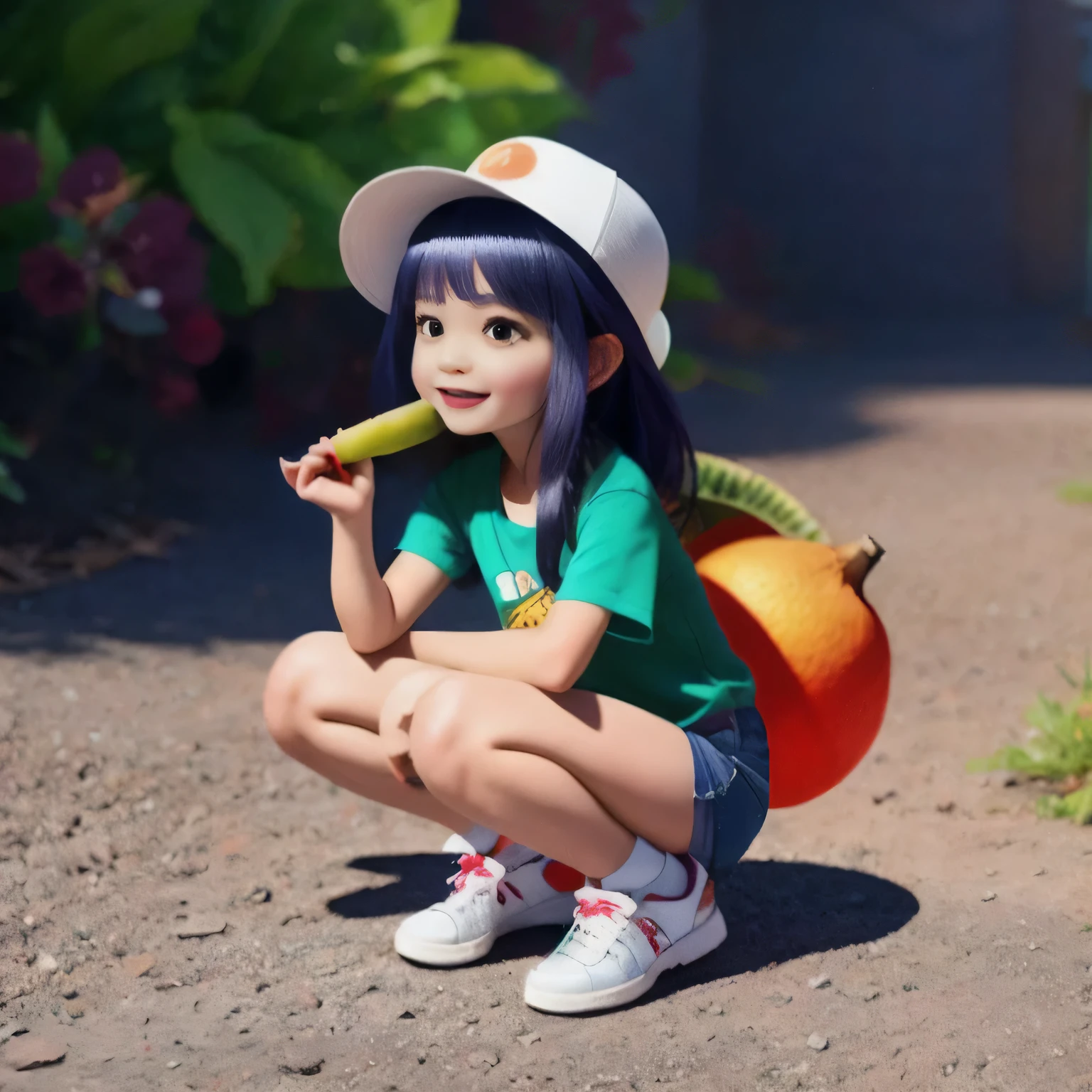 Fruit Girl,45 degrees,Mini Equidistant, Squat,Cheerful,very happy, 1girl,alternate costume,animal ears,bare legs,black hair,blue shorts,blurry,blurry background,blurry foreground,brown eyes,denim,denim shorts,depth of field,full body,gradient,hand on own knee,hat,lips,long hair,looking at viewer,multicolored hair,nose,open mouth,orange background,outdoors,photo \(medium\),realistic,red footwear,shadow,shirt,shoelaces,shoes,short sleeves,shorts,signature,smile,sneakers,solo,squatting,straw hat,t-shirt,tail,v,white shirt