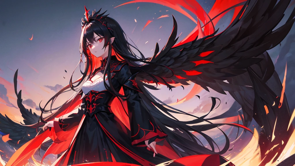 beutiful girl, black long hair, red eyes, black and red royal clothes, big black wings, black phoenix, 8k resolution, night sky