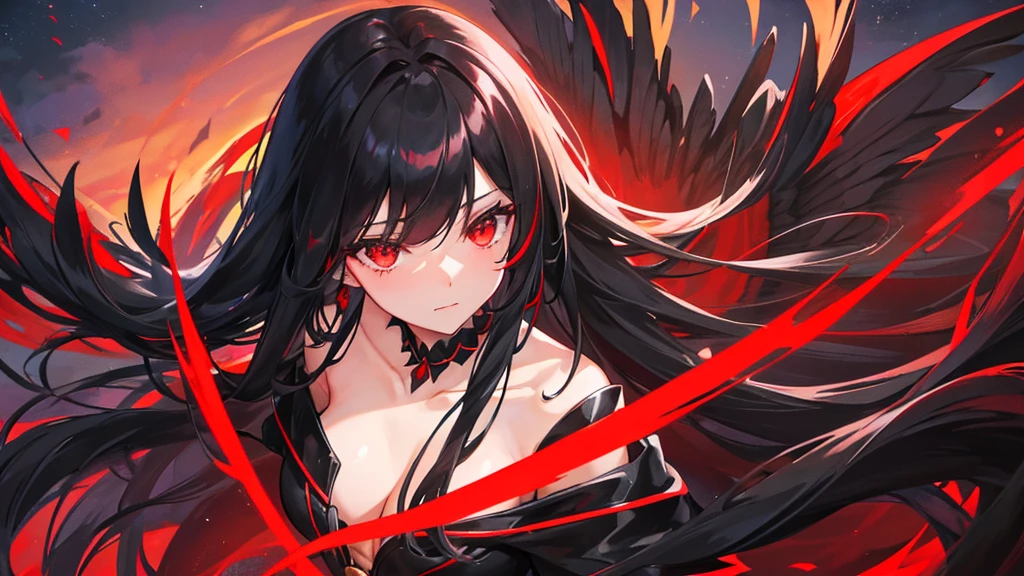 beutiful girl, black long hair, red eyes, black and red royal clothes, big black wings, black phoenix, 8k resolution, night sky