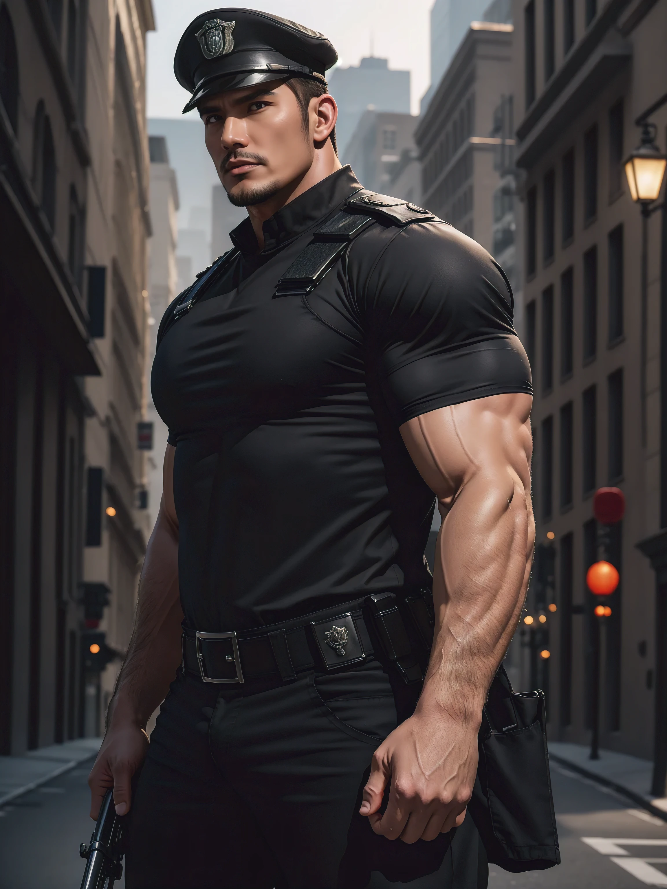 One Tall giant muscular police officer, Chinese police hat, Big black mask, On the outdoor street, Brown skinny T-shirt, The expression is arrogant, Lift your chin, disheveled hair, thick thighs, Brown skinny T-shirt, Very tight, Regular symmetrical pattern, Accentuate muscles, Police uniform pants, character concept(Resident Evil - chris redfield, chris redfield)proud expression, Deep and charming eyes, heroic male pose, tall burly, muscular!muscular thighs, tough guy, perfect facial features, High, burly, Heqiang, Super gain and cool, high resolution committee, Charming strong man, The sun is blazing, Dazzling