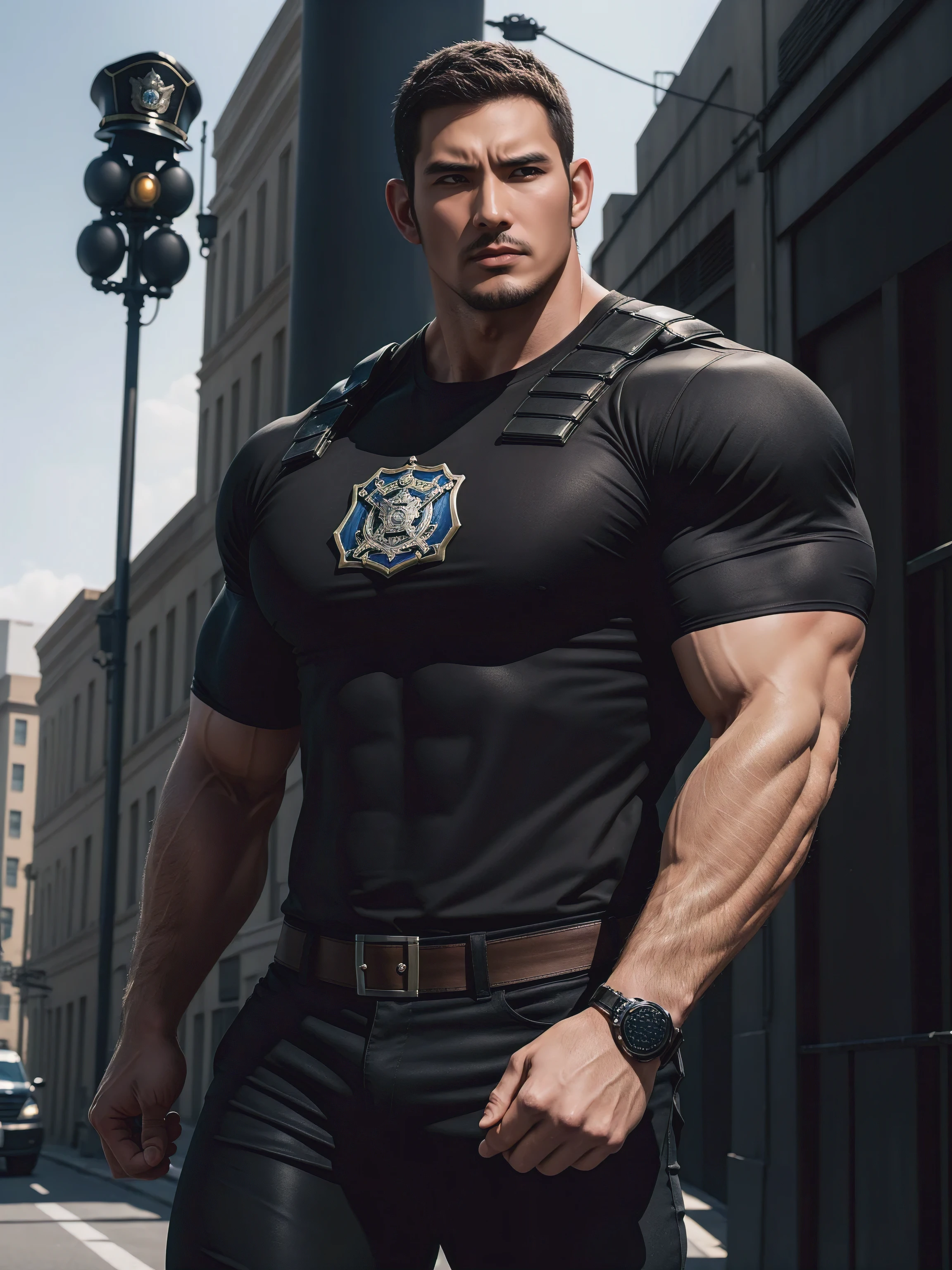 One Tall giant muscular police officer, Chinese police hat, Big black mask, On the outdoor street, Brown skinny T-shirt, The expression is arrogant, Lift your chin, disheveled hair, thick thighs, Brown skinny T-shirt, Very tight, Regular symmetrical pattern, Accentuate muscles, Police uniform pants, character concept(Resident Evil - chris redfield, chris redfield)proud expression, Deep and charming eyes, heroic male pose, tall burly, muscular!muscular thighs, tough guy, perfect facial features, High, burly, Heqiang, Super gain and cool, high resolution committee, Charming strong man, The sun is blazing, Dazzling